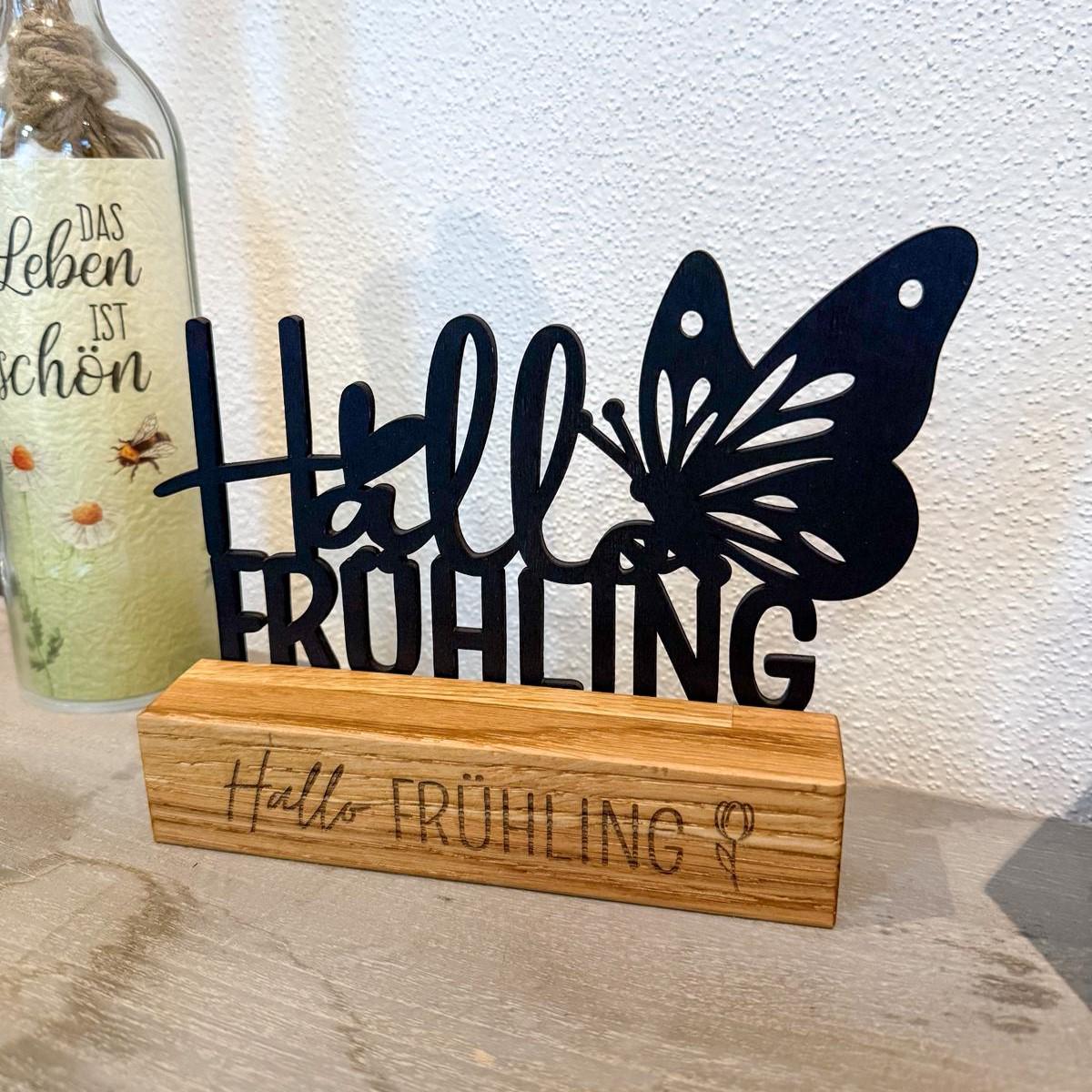 Holz Aufsteller Frühling – Schwarzer Holz Schriftzug mit Echtholzsockel | Frühlingsdeko modern | Geschenk Frühling | Wohndeko