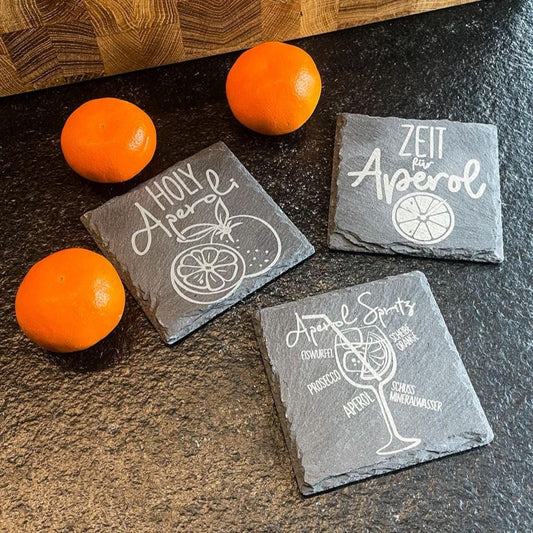 Aperol Schieferuntersetzer Set | Untersetzer personalisiert mit Sprüchen | Geschenkidee für Aperol-Liebhaber | Sommerdeko aus Naturstein