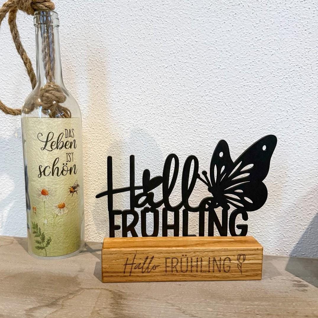 Holz Aufsteller Frühling – Schwarzer Holz Schriftzug mit Echtholzsockel | Frühlingsdeko modern | Geschenk Frühling | Wohndeko